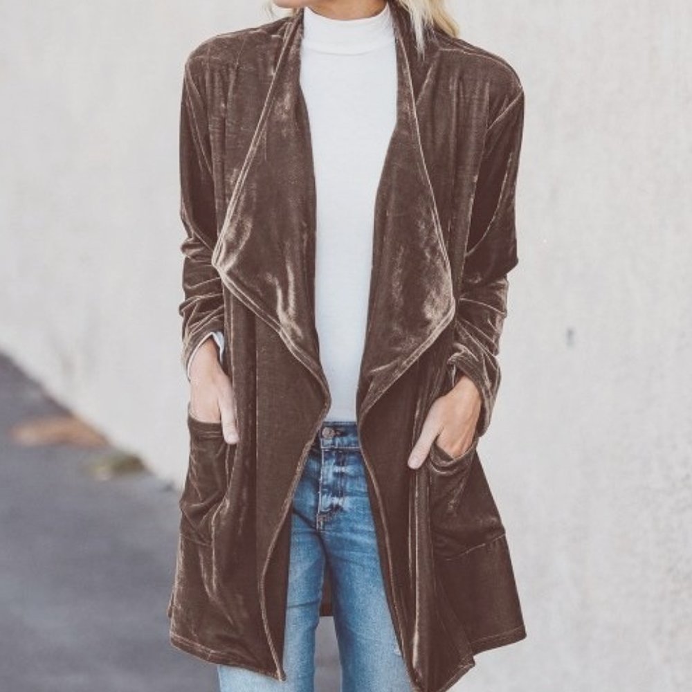 NEW Taupe Oversize Drape Open Cardigan with Pockets Blazer  lightweight …